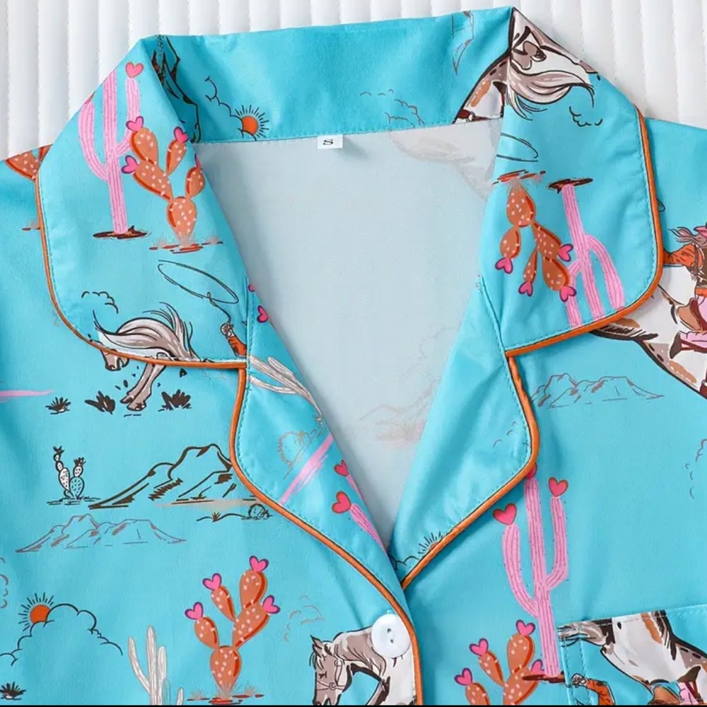 Turquoise Western Western-Chic Horse Print Pajama Set - Picture 3 of 9